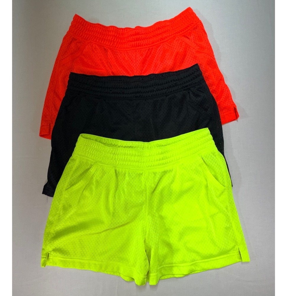 BCG Women's Mesh Athletic Shorts Bundle 3 Pack Neon Yellow Orange Black Size L